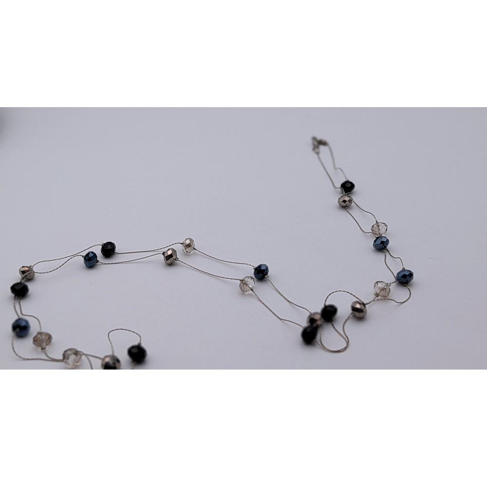Ali-Khan New York Multi Strand Beaded Necklace Silver Tone Black Gray Clear 29in
